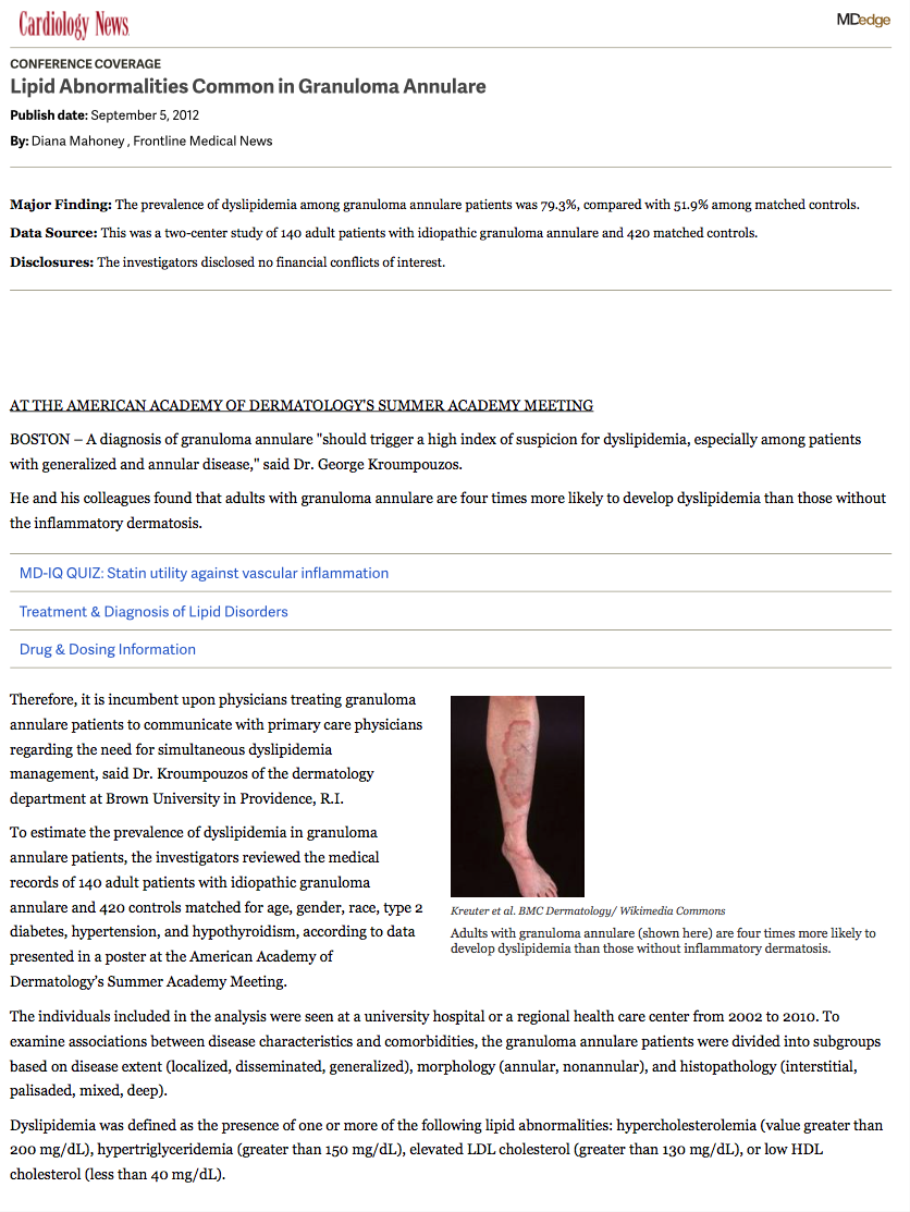 Article: Lipid Abnormalities Common in Granuloma Annulare
